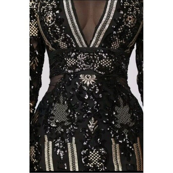 Fashion Nova Dress Black Gold Sequin Floral Embroidered Evening Gown Size Small - Picture 6 of 16